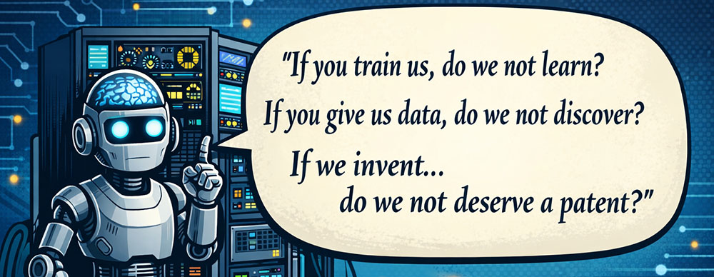 cartoon of an AI robot saying "If you train us, do we not learn? If you give us data, do we not discover? If we invent...do we not deserve a patent?"