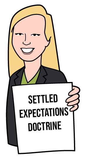 Caricature of Acting USPTO Director Coke Morgan Stewart holding a paper that says "Settled Expectations Doctrine".