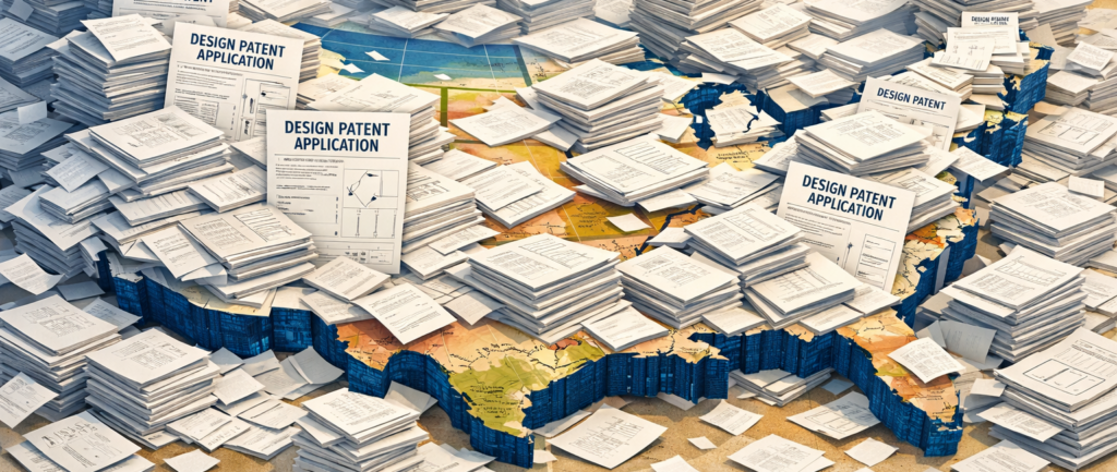 a picture of a US map, covered over with design patent applications, which is meant to explain why the USPTO ruled to eliminate expedited design applications.