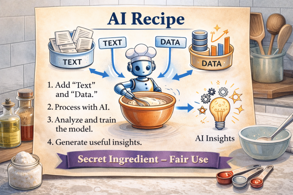 The picture show an AI recipe, where it combines text and data, with a secret ingredient of fair use, to generate its output.