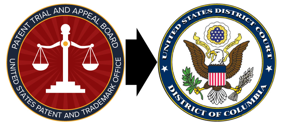 Image of the PTAB logo with an arrow pointing to the District Court logo, illustrating that differing standards used won't invoke issue preclusion to stop further litigation.