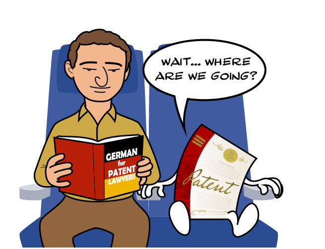 A man sitting in a plane seat, reading a book on German for Patent Lawyers. His patent is sitting next to him saying, "Wait...where are we going?" The lawyer is dealing with international patent jurisdiction.