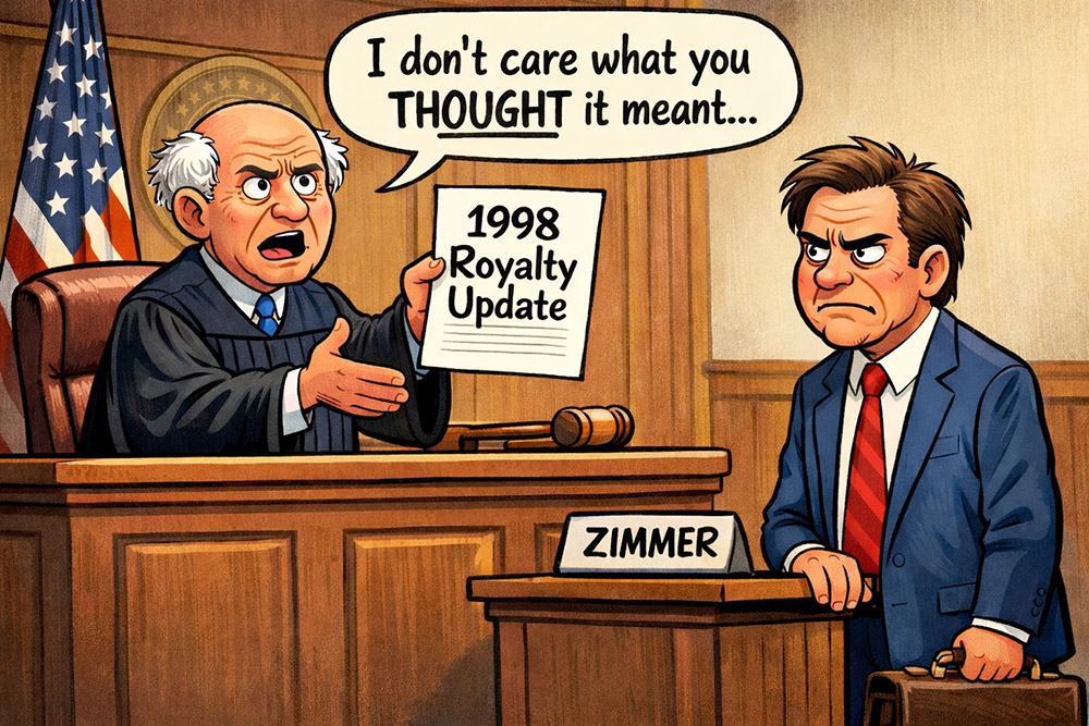 A judge in the Zimmer v. Insall case referencing the 1998 royalty update and telling Zimmer: "I don't care what you THOUGHT it meant...."