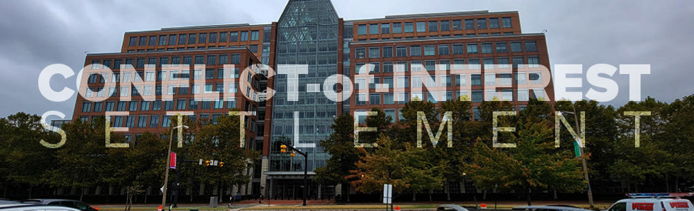 picture of USPTO building with "Conflict of Interest settlement" text set over the picture
